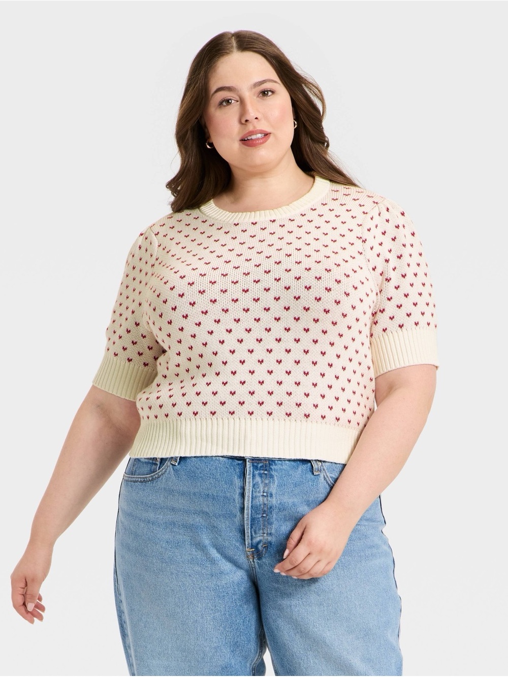 Universal Thread XXL Heart Print Short Sleeve Feminine Sweater Cream Red